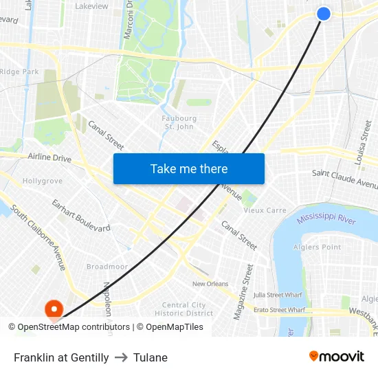 Franklin at Gentilly to Tulane map