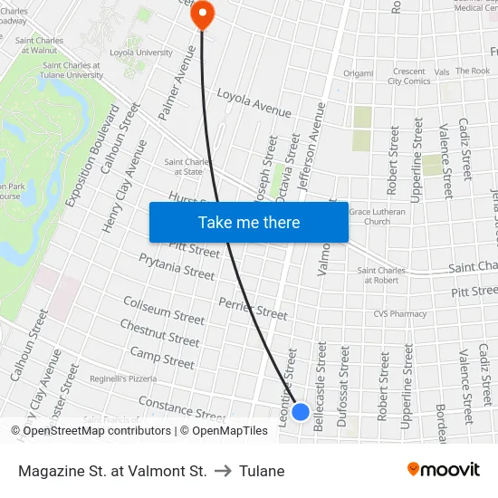 Magazine St. at Valmont St. to Tulane map