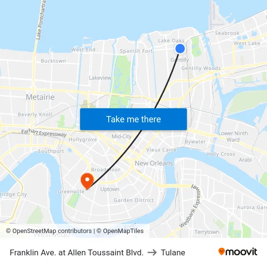 Franklin Ave. at Allen Toussaint Blvd. to Tulane map