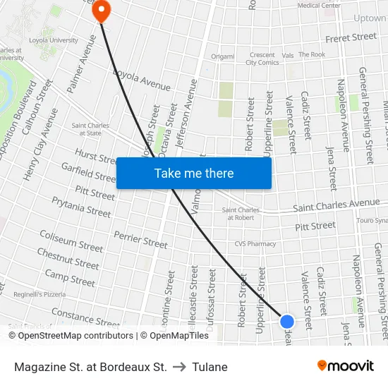 Magazine St. at Bordeaux St. to Tulane map