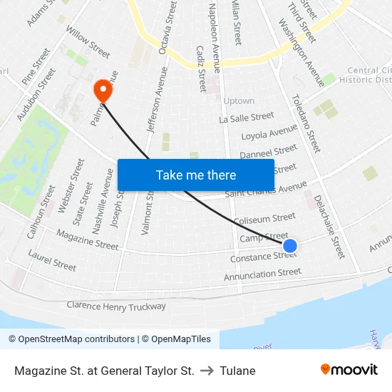 Magazine St. at General Taylor St. to Tulane map