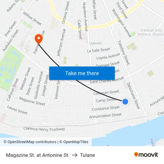 Magazine St. at Antonine St. to Tulane map