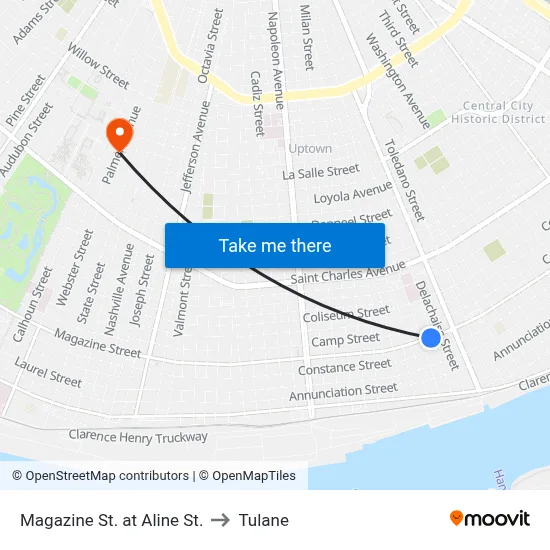 Magazine St. at Aline St. to Tulane map