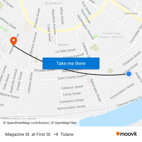 Magazine St. at First St. to Tulane map