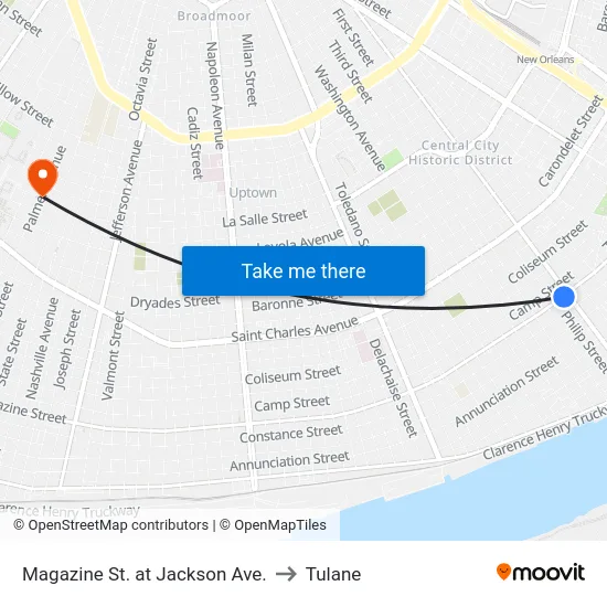 Magazine St. at Jackson Ave. to Tulane map