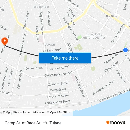 Camp St. at Race St. to Tulane map