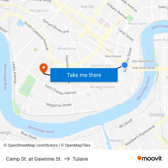 Camp St. at Gaiennie St. to Tulane map