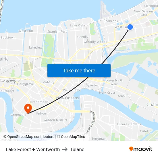 Lake Forest + Wentworth to Tulane map