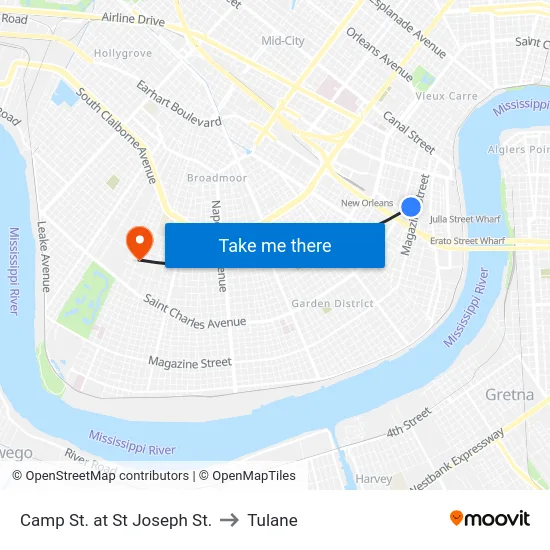 Camp St. at St Joseph St. to Tulane map