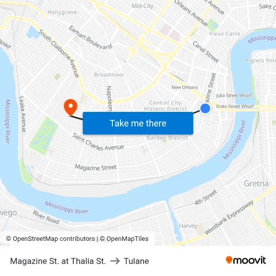 Magazine St. at Thalia St. to Tulane map