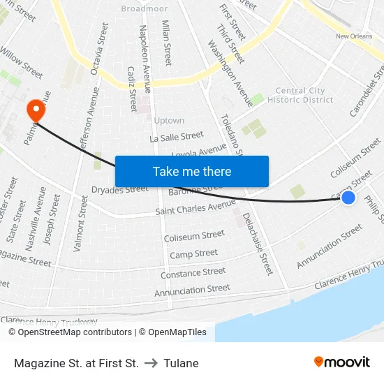 Magazine St. at First St. to Tulane map