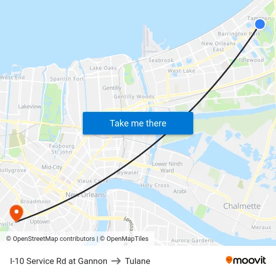 I-10 Service Rd at Gannon to Tulane map