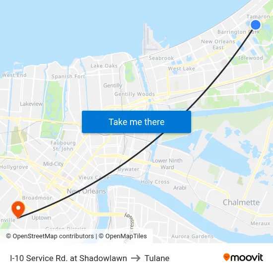 I-10 Service Rd. at Shadowlawn to Tulane map