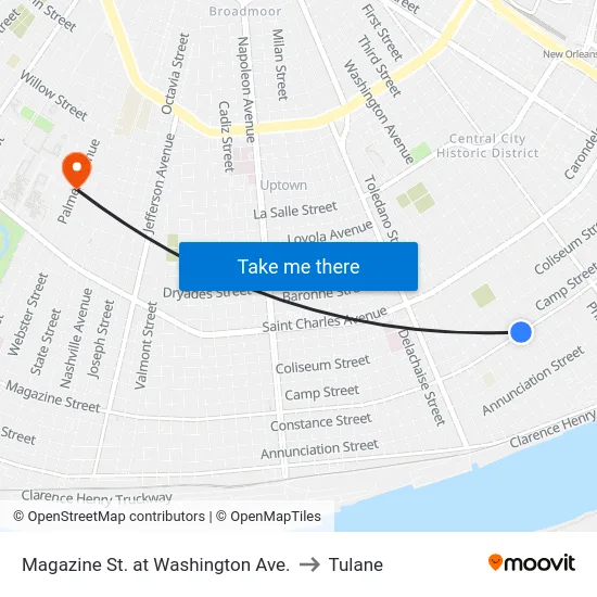 Magazine St. at Washington Ave. to Tulane map