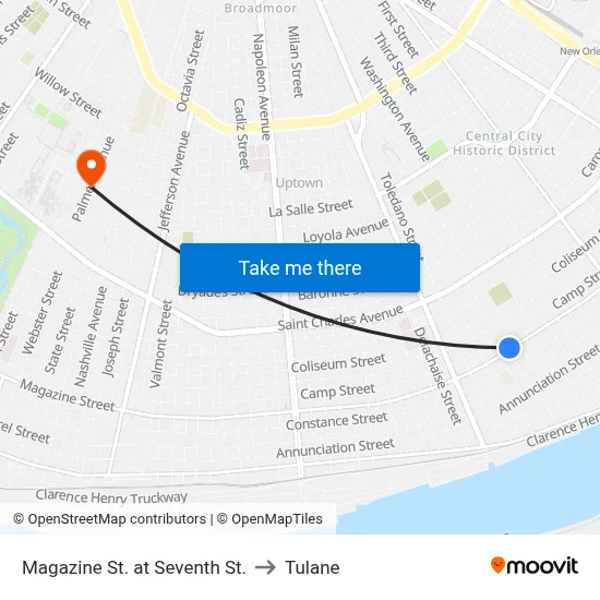 Magazine St. at Seventh St. to Tulane map