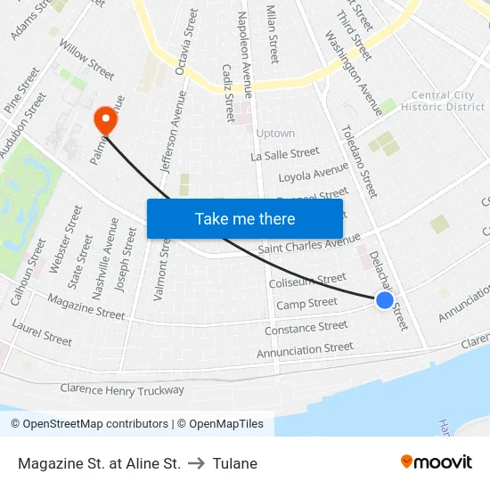 Magazine St. at Aline St. to Tulane map