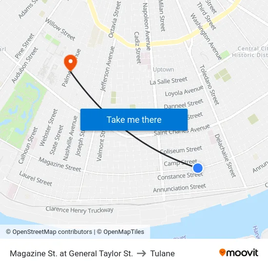 Magazine St. at General Taylor St. to Tulane map