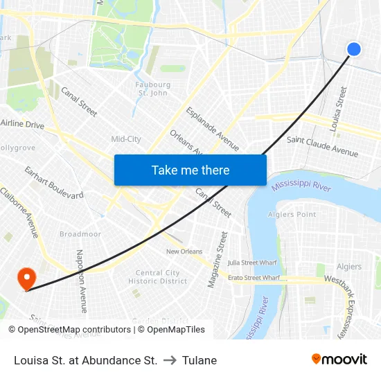 Louisa St. at Abundance St. to Tulane map