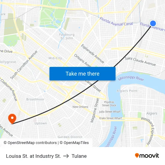 Louisa St. at Industry St. to Tulane map