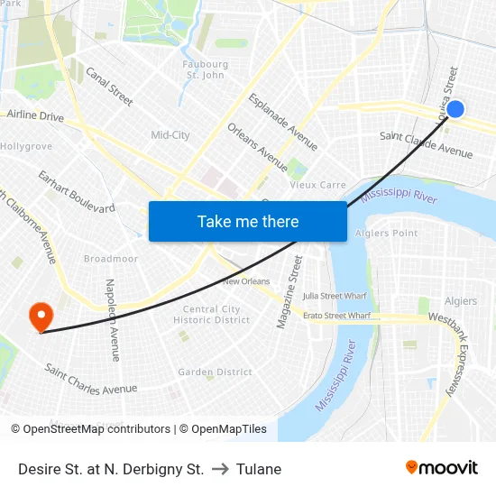 Desire St. at N. Derbigny St. to Tulane map