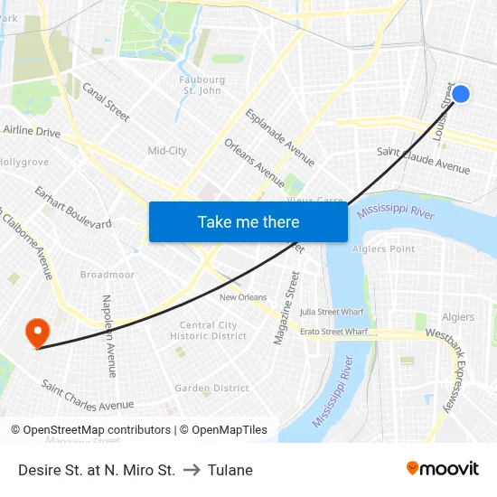 Desire St. at N. Miro St. to Tulane map