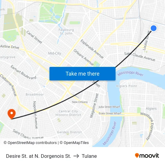 Desire St. at N. Dorgenois St. to Tulane map