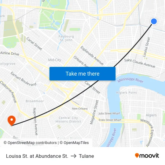 Louisa St. at Abundance St. to Tulane map