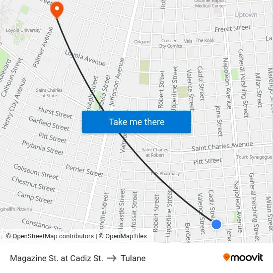 Magazine St. at Cadiz St. to Tulane map