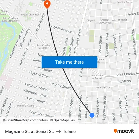 Magazine St. at Soniat St. to Tulane map