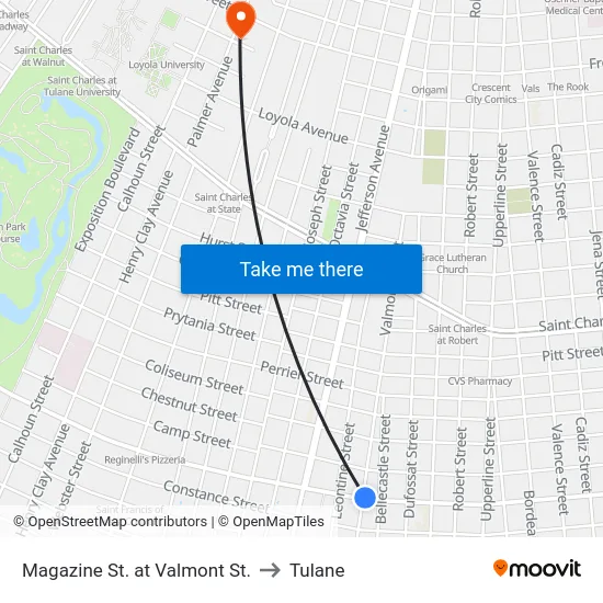 Magazine St. at Valmont St. to Tulane map