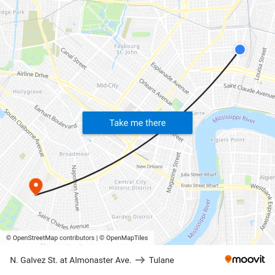 N. Galvez St. at Almonaster Ave. to Tulane map