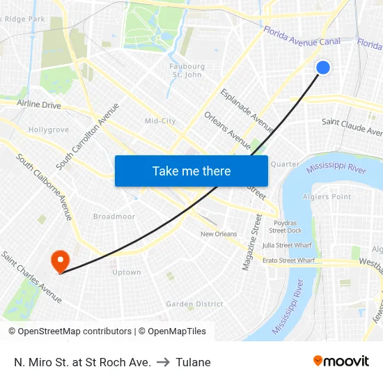 N. Miro St. at St Roch Ave. to Tulane map