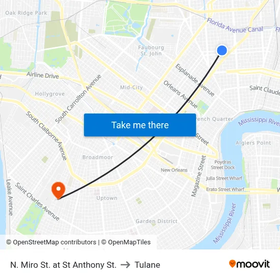 N. Miro St. at St Anthony St. to Tulane map