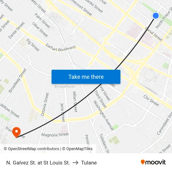 N. Galvez St. at St Louis St. to Tulane map