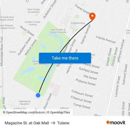 Magazine St. at Oak Mall to Tulane map