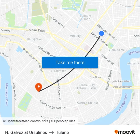N. Galvez at Ursulines to Tulane map