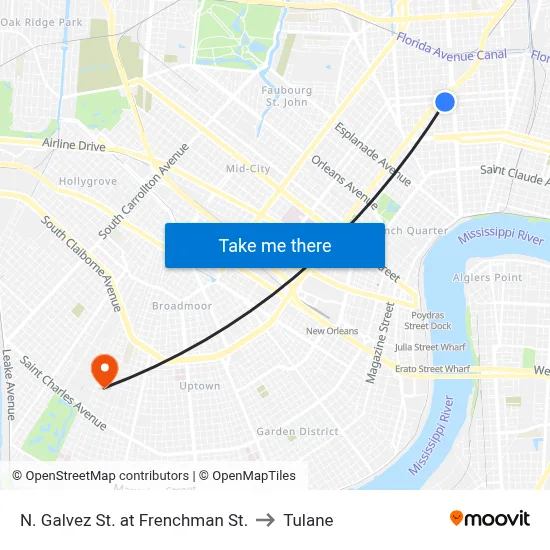 N. Galvez St. at Frenchman St. to Tulane map