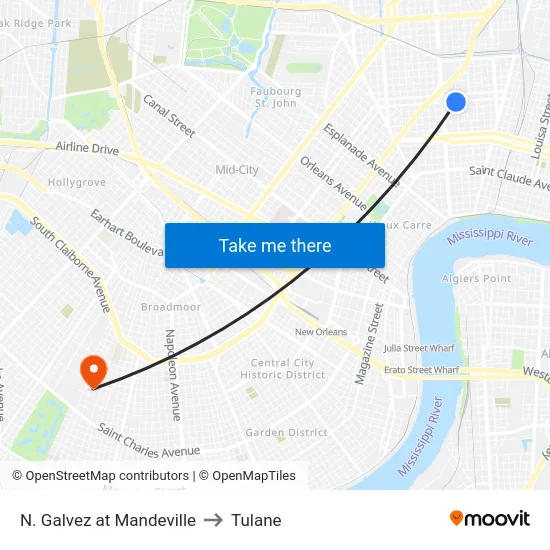 N. Galvez at Mandeville to Tulane map