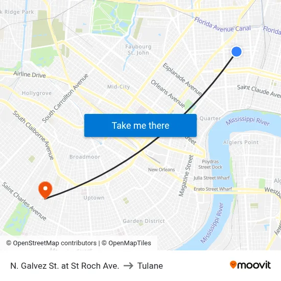 N. Galvez St. at St Roch Ave. to Tulane map