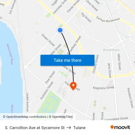 S. Carrollton Ave at Sycamore St to Tulane map