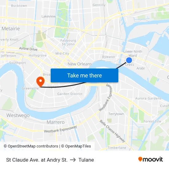 St Claude Ave. at Andry St. to Tulane map