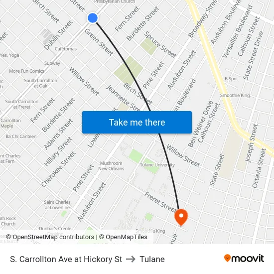 S. Carrollton Ave at Hickory St to Tulane map