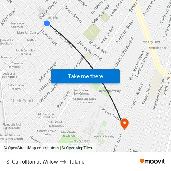 S. Carrollton at Willow to Tulane map