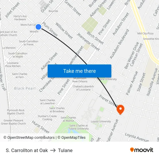 S. Carrollton at Oak to Tulane map