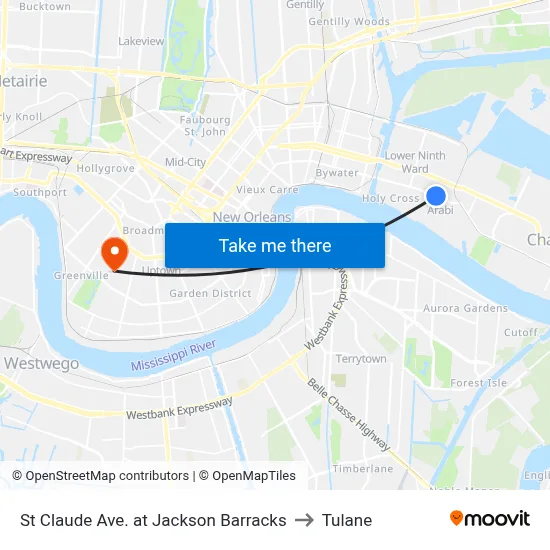 St Claude Ave. at Jackson Barracks to Tulane map