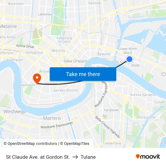 St Claude Ave. at Gordon St. to Tulane map