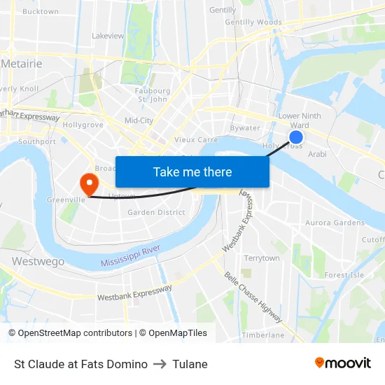 St Claude at Fats Domino to Tulane map