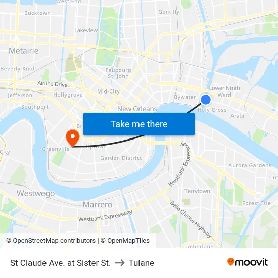 St Claude Ave. at Sister St. to Tulane map