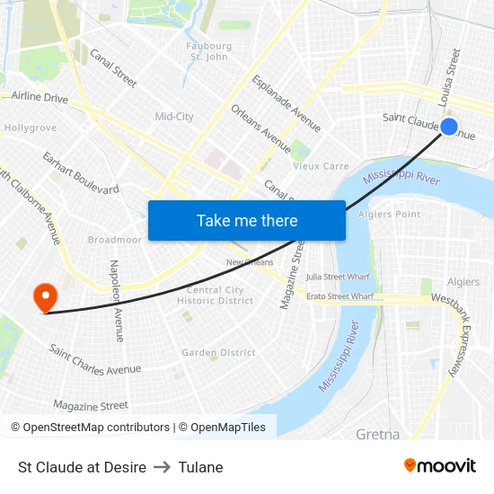 St Claude at Desire to Tulane map