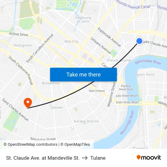 St. Claude Ave. at Mandeville St. to Tulane map
